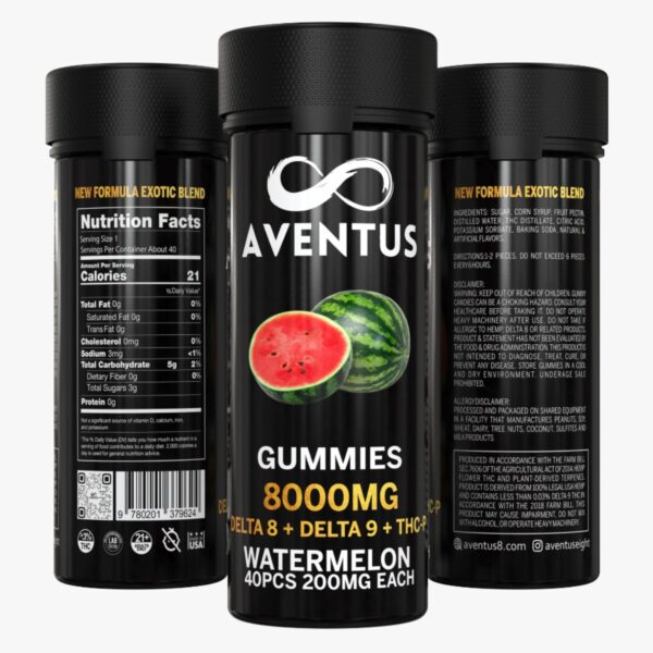 8000mg AVENTUS8 GUMMIES WATERMELON DELTA 8 + DELTA 9 + THC-P STRONG EXOTIC BLEND